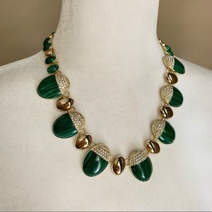 Talbots green and gold toned necklace and bracelet set faux diamond accents